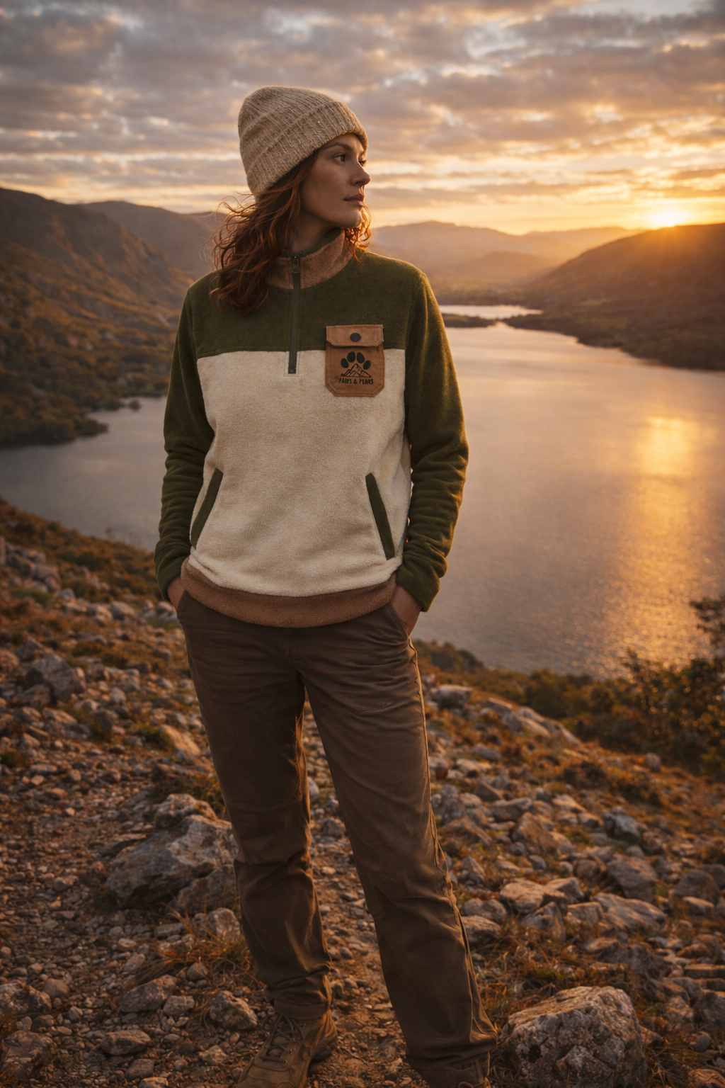 Woman wearing the Paws & Peaks Ascent Fleece in olive and cream, standing on a hillside at golden hour