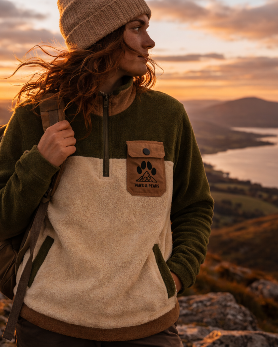 Woman wearing the Paws & Peaks Ascent Fleece in olive and cream, standing on a hillside at golden hour